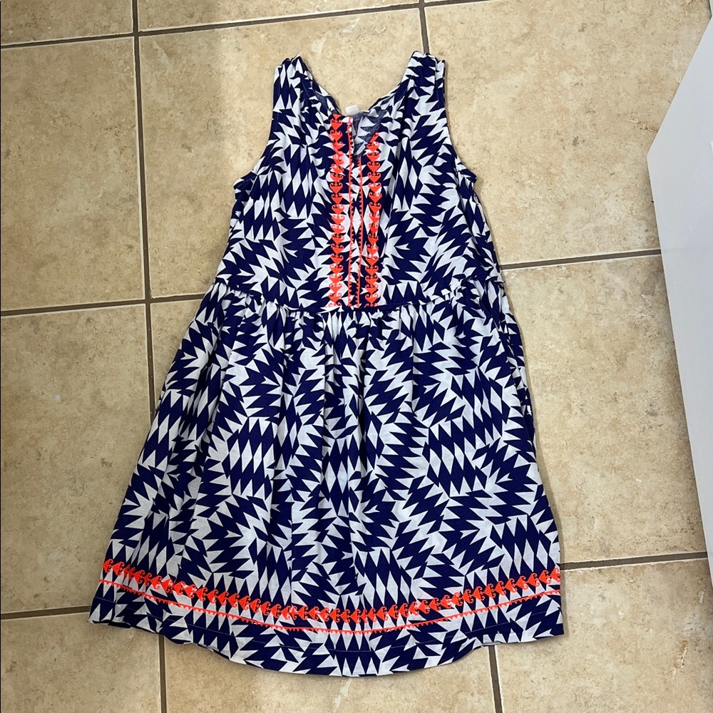 Crewcuts Navy & White Geometric Sleeveless Dress with Coral Trim